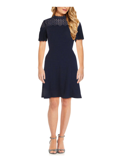 ADRIANNA PAPELL Womens Navy Embroidered Pleated Zippered Short Sleeve Mock Neck Above The Knee Party Fit + Flare Dress 8