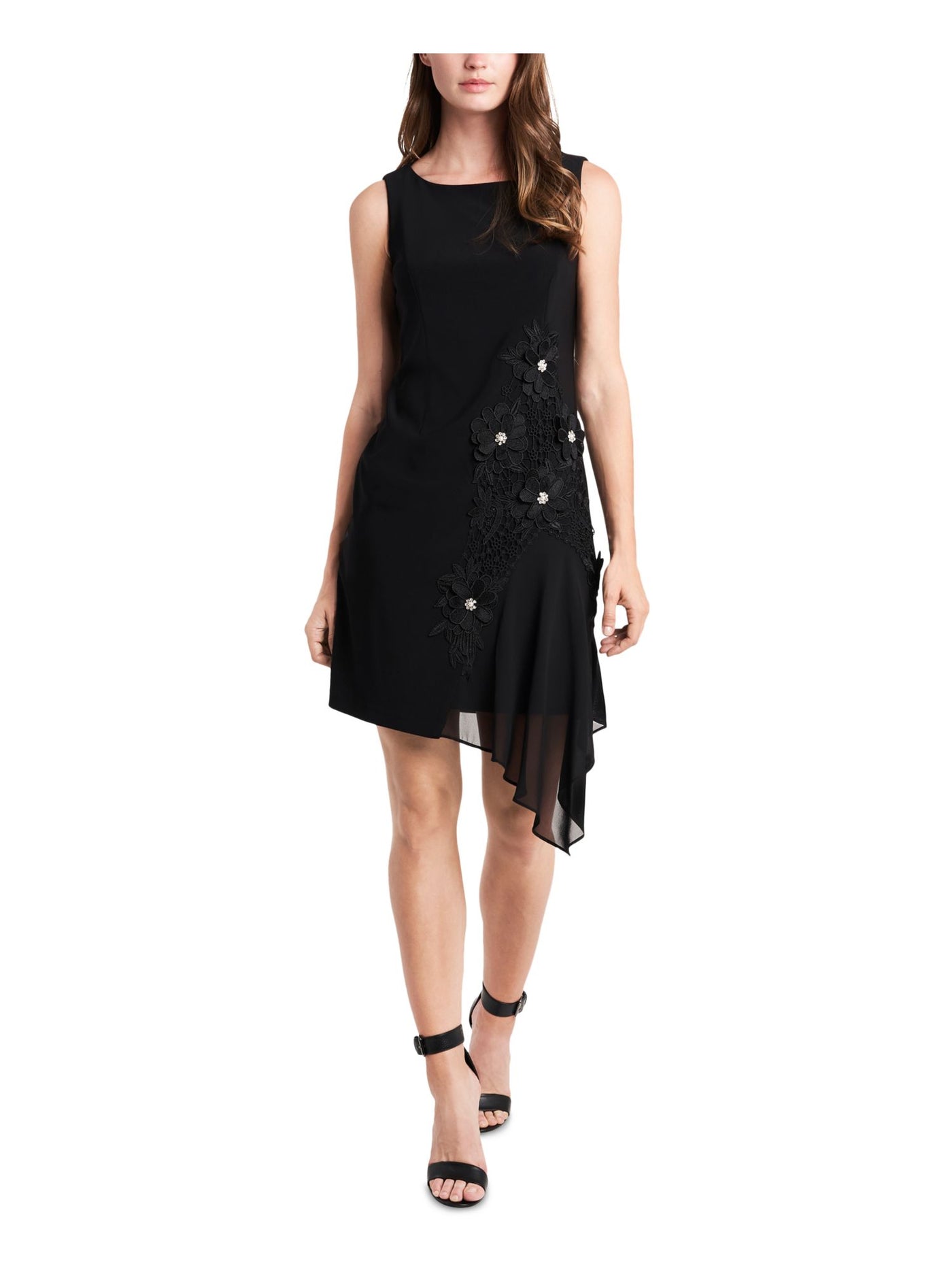 MSK Womens Stretch Embroidered Asymmetrical Hem Sleeveless Jewel Neck Below The Knee Party Sheath Dress