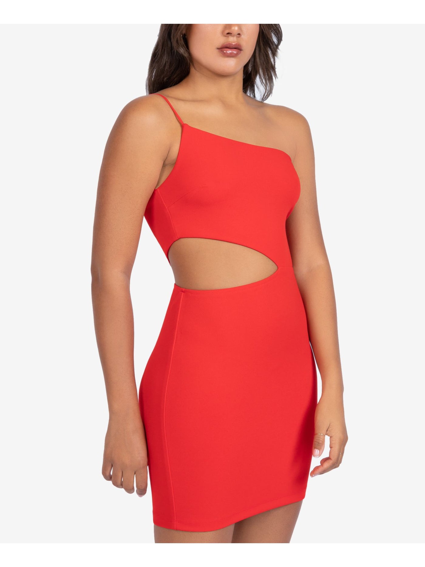 B DARLIN Womens Red Stretch Cut Out Zippered One-shoulder Spaghetti Strap Asymmetrical Neckline Short Cocktail Body Con Dress 7\8