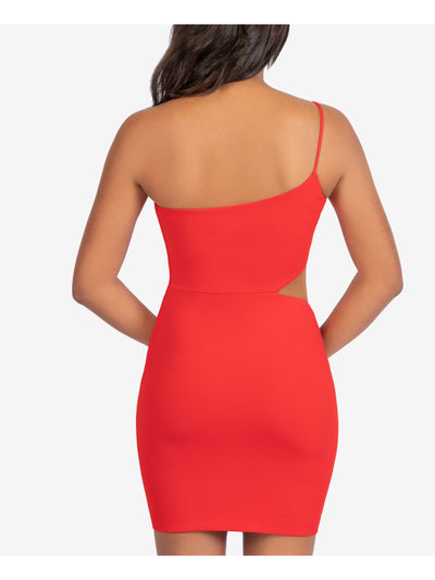 B DARLIN Womens Red Stretch Cut Out Zippered Spaghetti Strap Asymmetrical Neckline Short Cocktail Body Con Dress 13\14