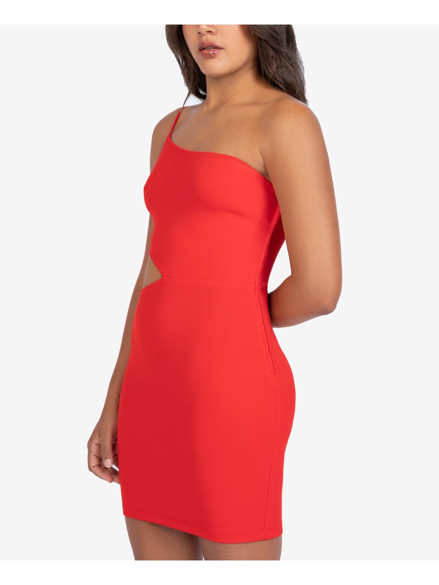 B DARLIN Womens Red Stretch Cut Out Zippered Spaghetti Strap Asymmetrical Neckline Short Cocktail Body Con Dress 13\14