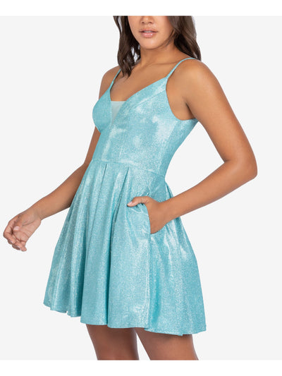 B DARLIN Womens Turquoise Stretch Zippered Pocketed Glitter Mesh Inset V Neck Short Party Fit + Flare Dress Juniors 3\4