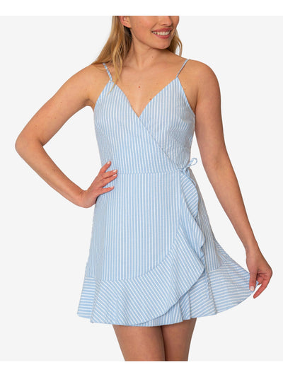 SPEECHLESS Womens Blue Ruffled Textured Zippered Striped Spaghetti Strap Surplice Neckline Mini Sheath Dress Juniors XL