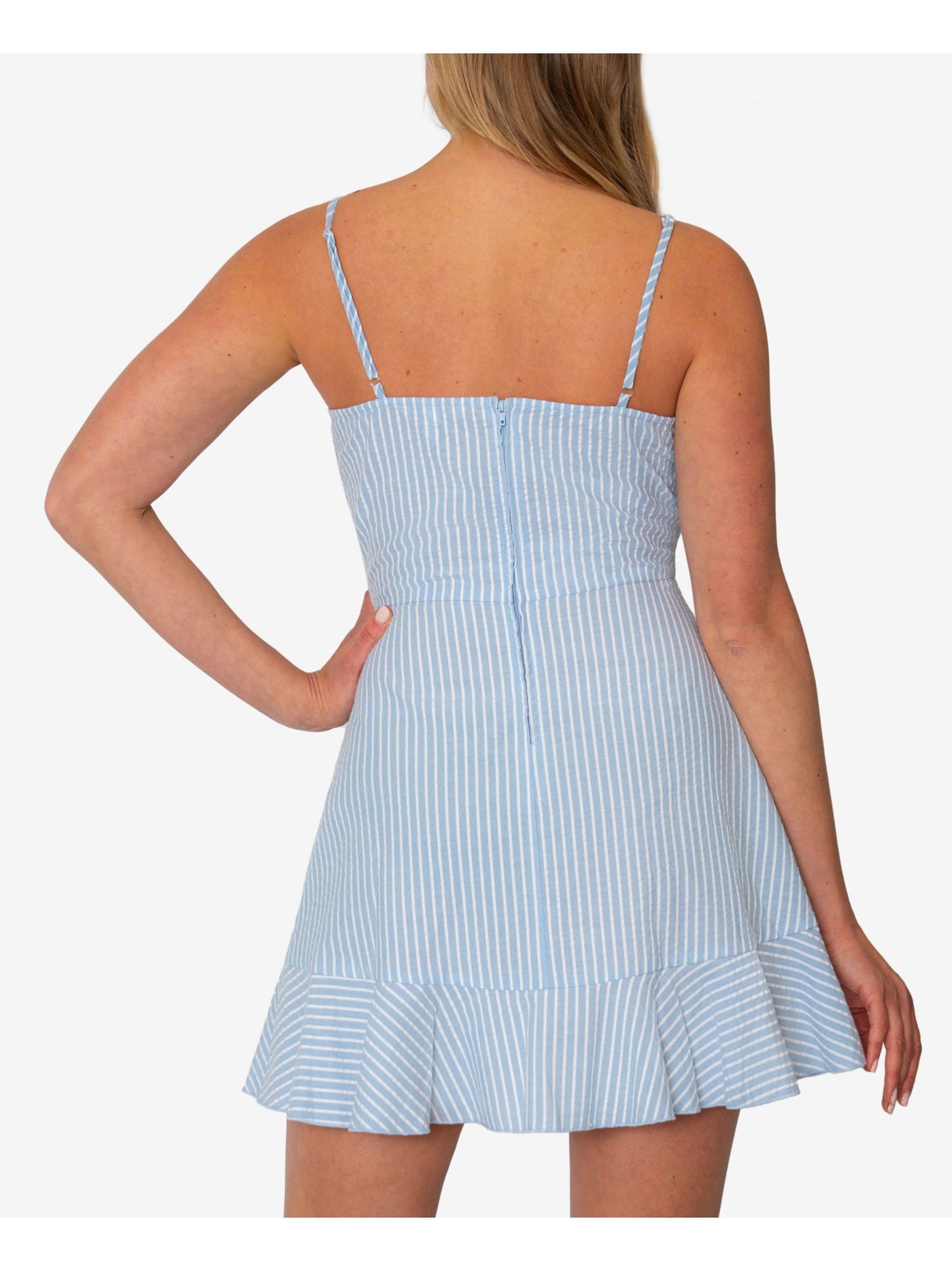 SPEECHLESS Womens Light Blue Ruffled Textured Zippered Striped Spaghetti Strap Surplice Neckline Mini Sheath Dress Juniors L