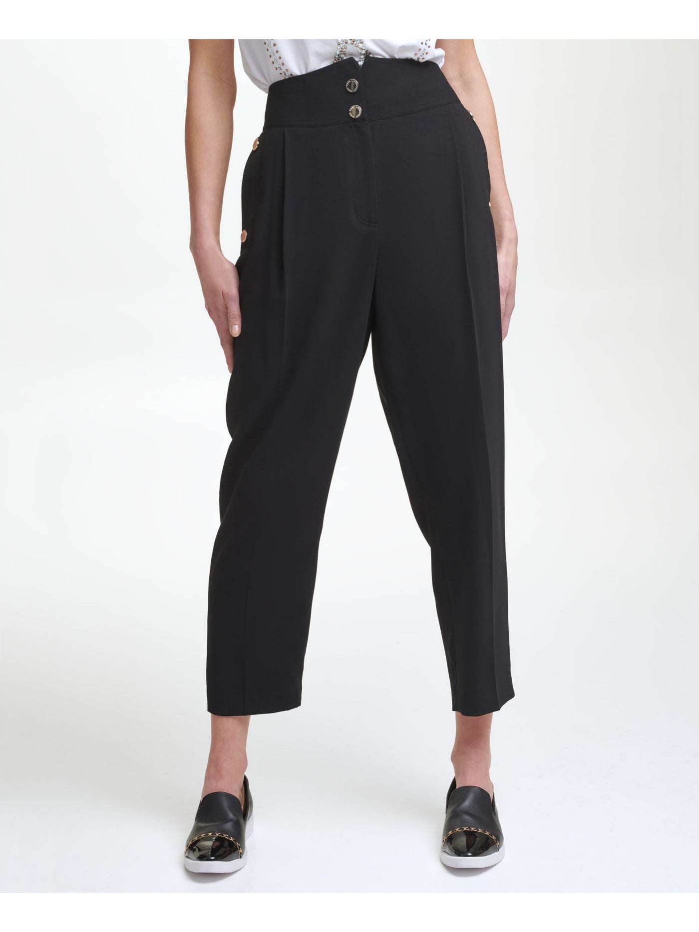 KARL LAGERFELD PARIS Womens Black Zippered Pocketed Pleated Slit Buttoned Crop Wear To Work High Waist Pants 6