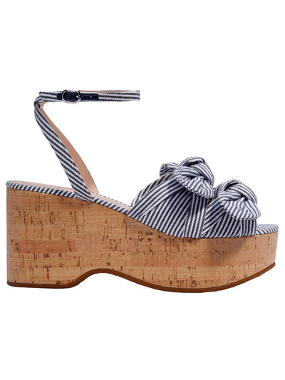 KATE SPADE NEW YORK Womens Navy Striped Adjustable Strap Bow Accent Julep Round Toe Wedge Buckle Slingback Sandal 7.5 B