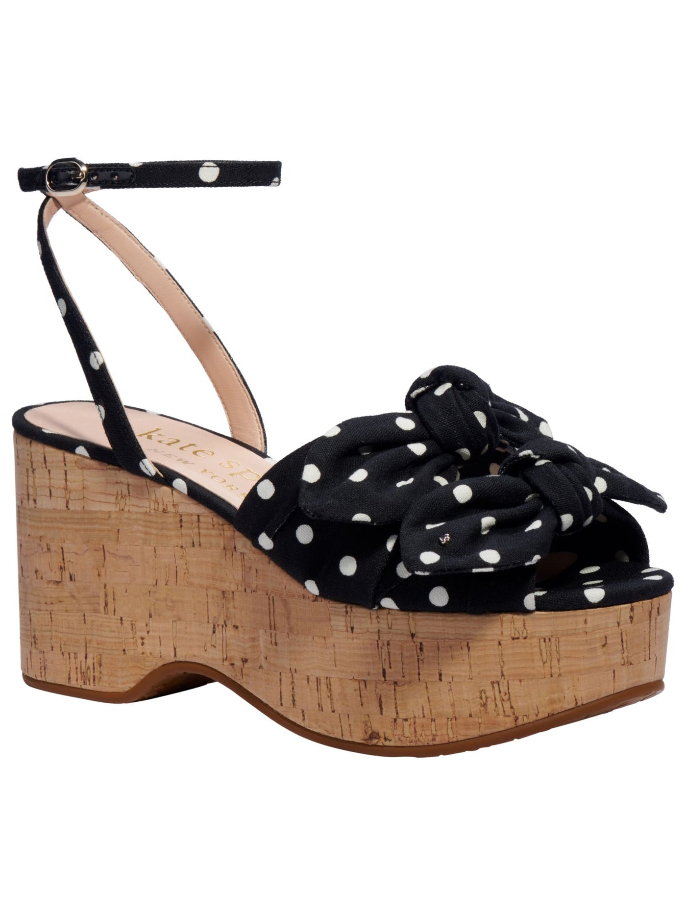 KATE SPADE NEW YORK Womens Black/French Cream Polka Dot Double Bow Cork Ankle Strap Cushioned Julep Round Toe Wedge Buckle Dress Sandals Shoes 7.5 B