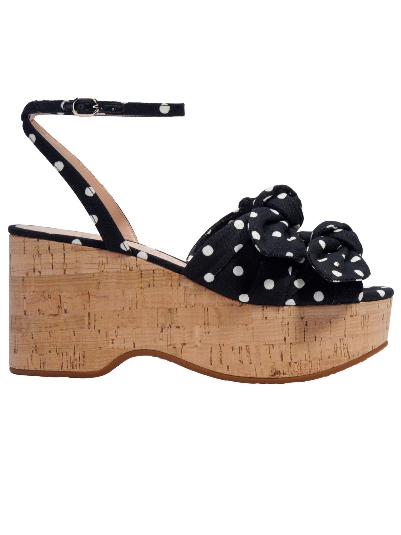 KATE SPADE NEW YORK Womens Black/French Cream Polka Dot Double Bow Cork Ankle Strap Cushioned Julep Round Toe Wedge Buckle Dress Sandals Shoes B