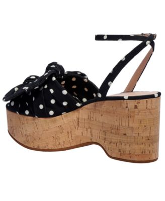 KATE SPADE NEW YORK Womens Black/French Cream Polka Dot Double Bow Cork Ankle Strap Cushioned Julep Round Toe Wedge Buckle Dress Sandals Shoes 9 B