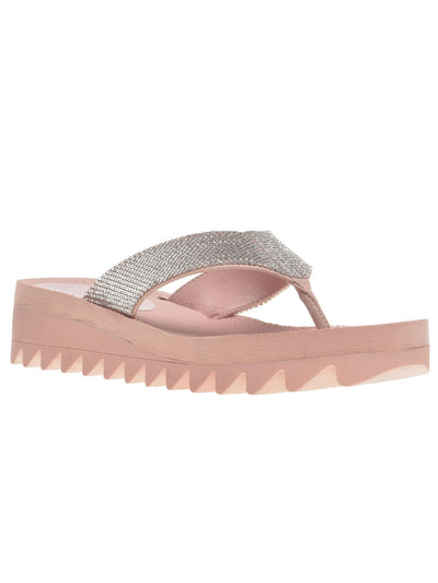 WILD PAIR Womens Pink Saw Tooth Sole Rhinestone Kalabasas Round Toe Wedge Slip On Thong Sandals Shoes 8 M