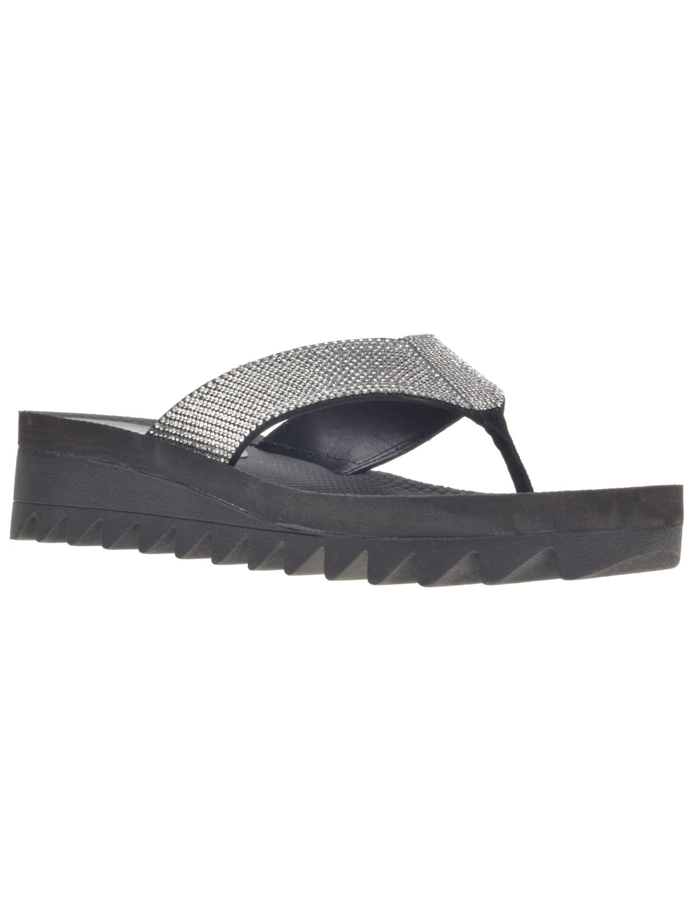 WILD PAIR Womens Black Saw Tooth Sole Rhinestone Kalabasas Round Toe Wedge Slip On Thong Sandals Shoes 8.5 M