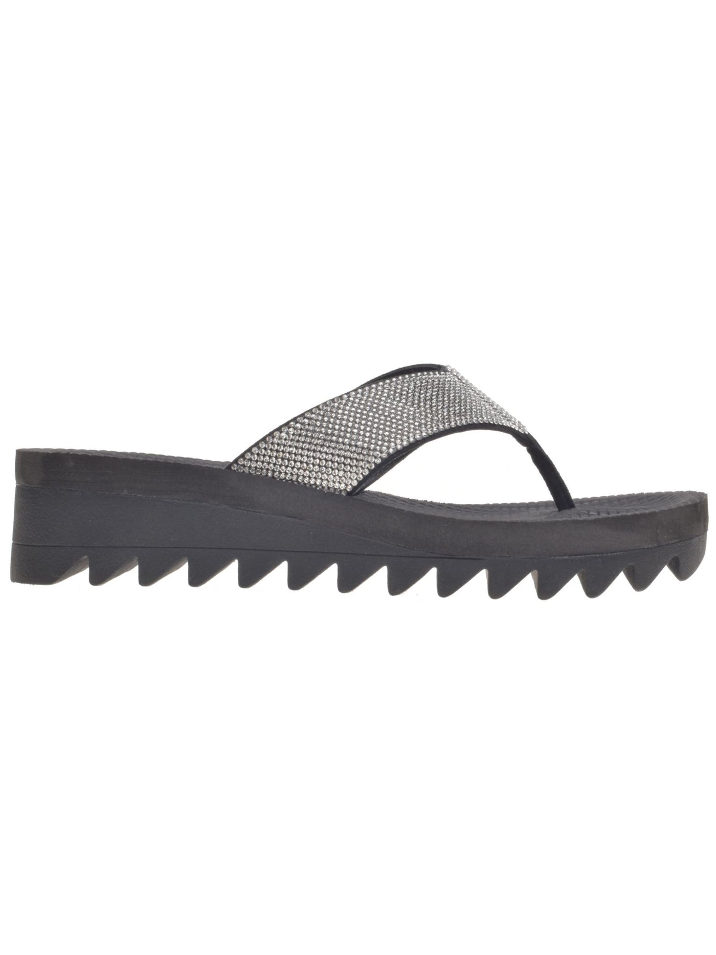 WILD PAIR Womens Black Saw Tooth Sole Rhinestone Kalabasas Round Toe Wedge Slip On Thong Sandals Shoes 7.5 M