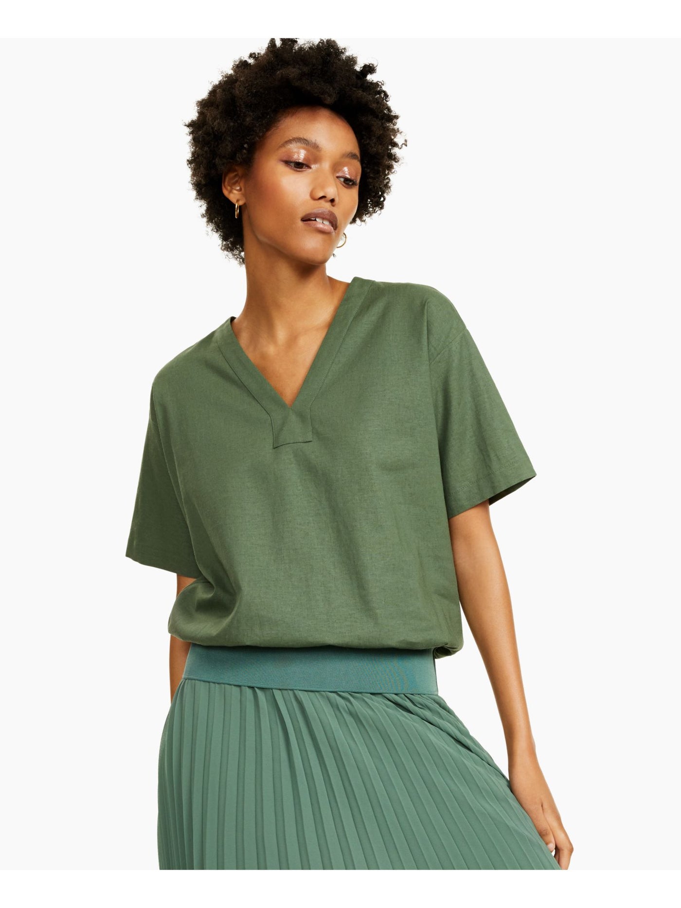 ALFANI Womens Green Short Sleeve V Neck Wear To Work Top Petites PL