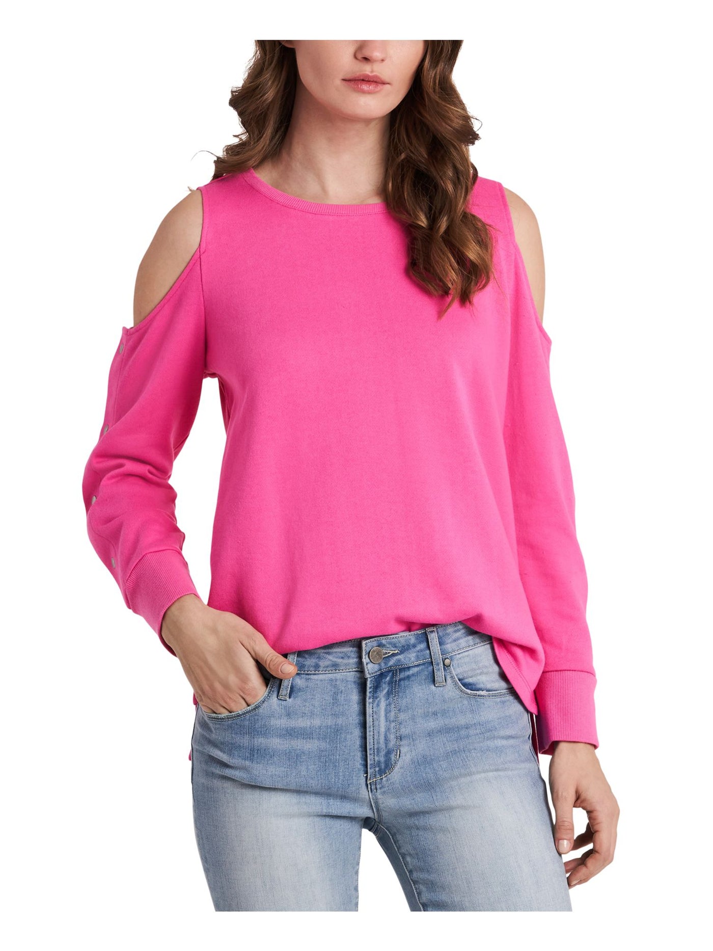 VINCE CAMUTO Womens Pink Cold Shoulder Snap-sleeve Side Slit Hem Long Sleeve Round Neck Top XL