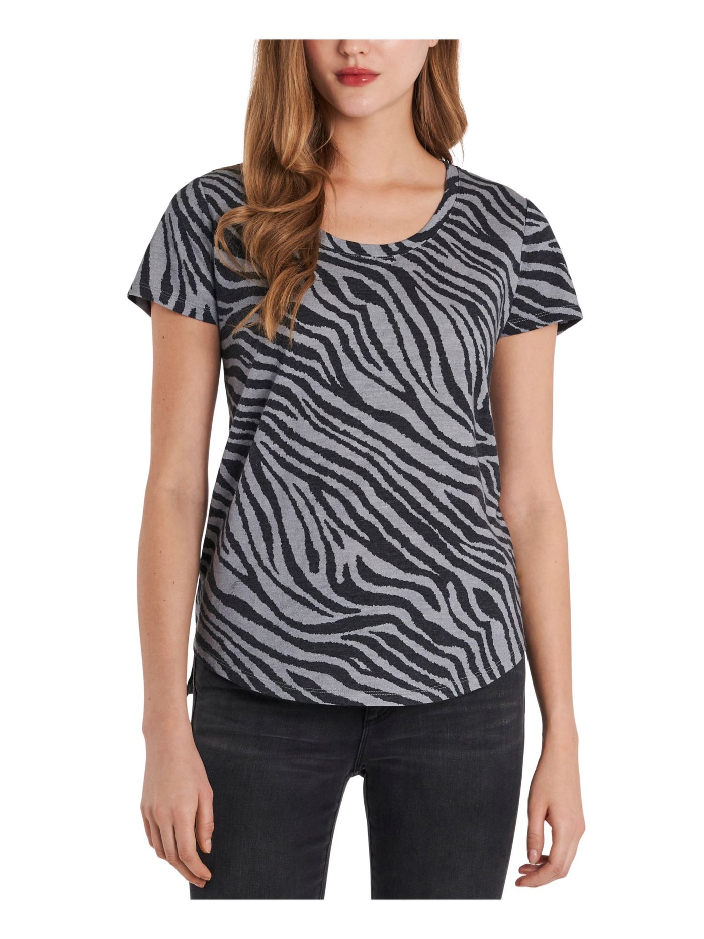 VINCE CAMUTO Womens Gray Animal Print Short Sleeve Jewel Neck Top S