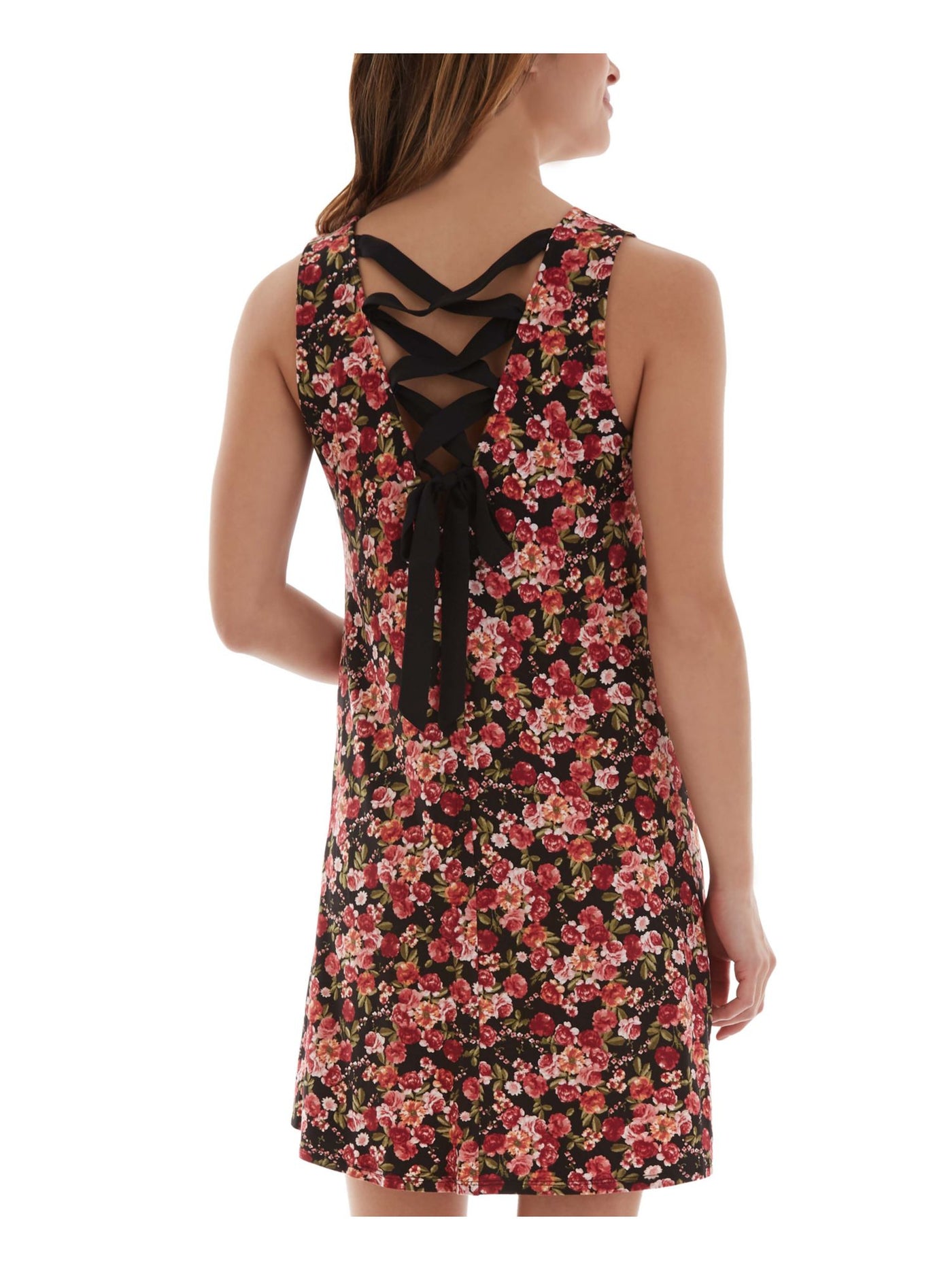 BCX DRESS Womens Black Floral Sleeveless V Neck Mini Shift Dress S