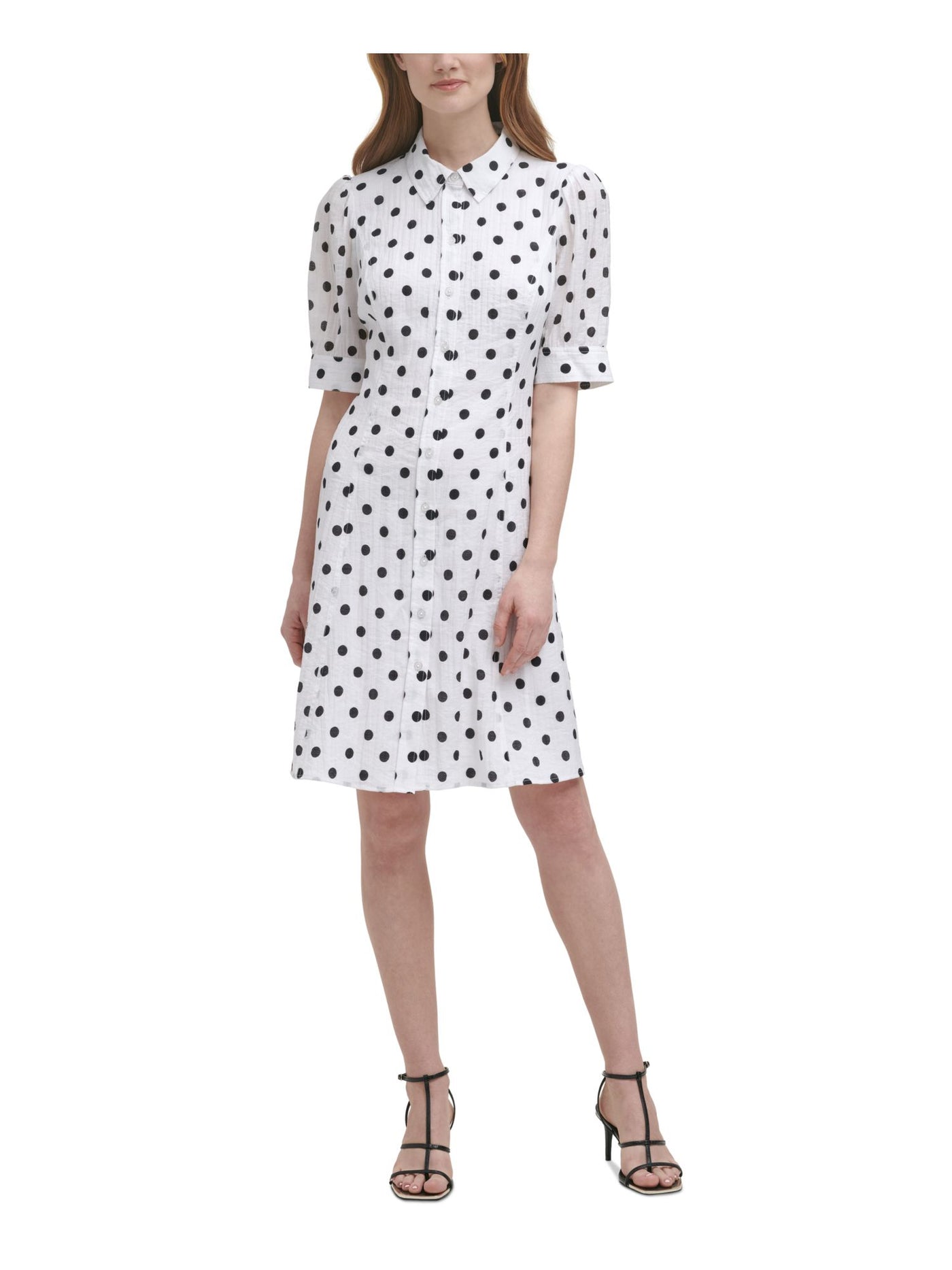 DKNY Womens Ivory Fitted Button Front Lined Polka Dot Elbow Sleeve Collared Above The Knee Wear To Work Shirt Dress 2