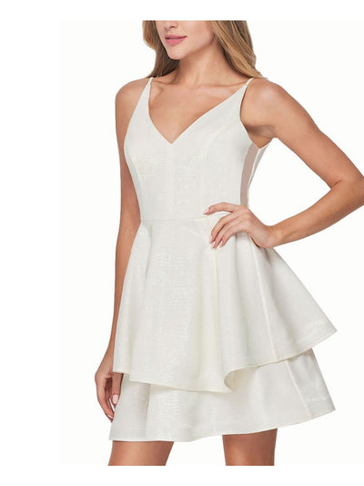 MATERIAL GIRL Womens Ivory Metallic Zippered Spaghetti Strap V Neck Short Party Fit + Flare Dress S