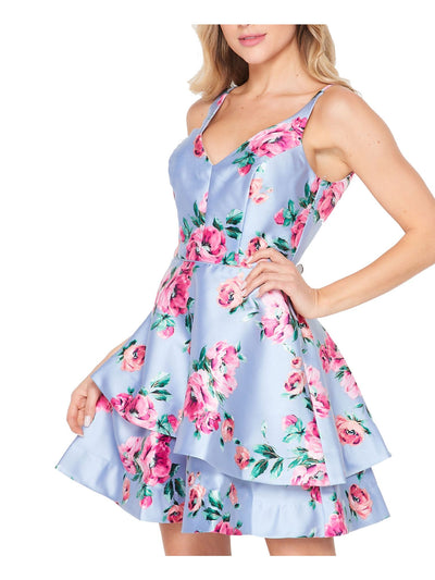 TEEZE ME Womens Light Blue Zippered Ruffled Layered Floral Sleeveless V Neck Mini Party Fit + Flare Dress 0