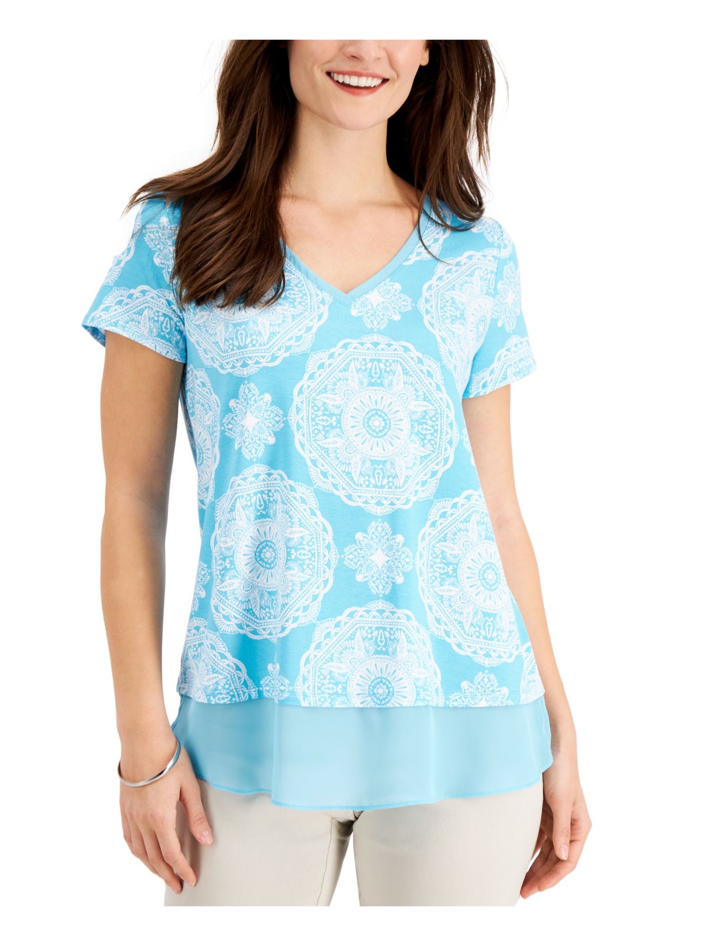 JM COLLECTION Womens Blue Printed Short Sleeve V Neck Top PP