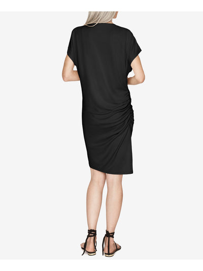 B NEW YORK Womens Black Stretch Ruched Short Sleeve Crew Neck Above The Knee Sheath Dress S
