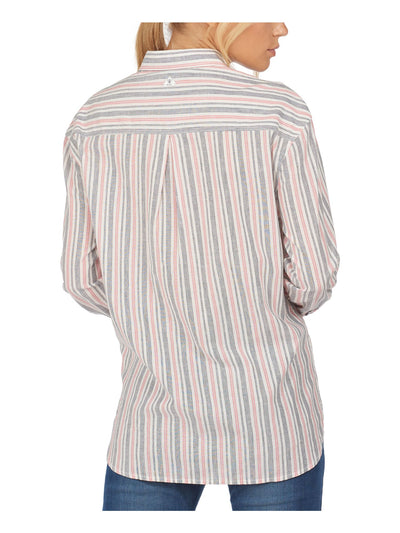 BARBOUR Womens White Striped Point Collar Button Up Top 10