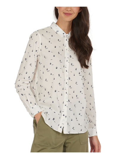 BARBOUR Womens White Printed Cuffed Sleeve Point Collar Wear To Work Button Up Top 8