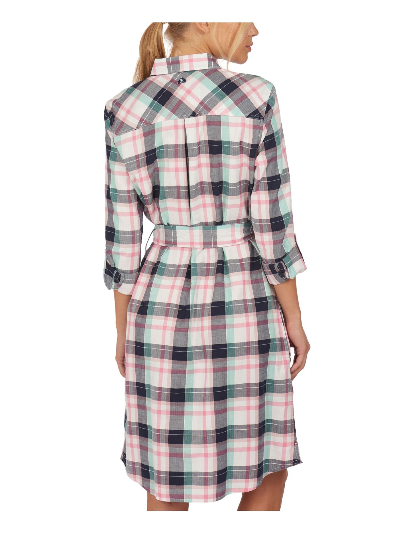 BARBOUR Womens Pink Pleated Pocketed Tie Belt  Hidden Placket Curve H Plaid Roll-tab Sleeve Point Collar Knee Length Shirt Dress 8