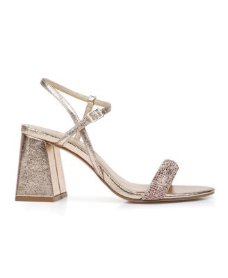 BADGLEY MISCHKA Womens Beige Ankle Strap Rhinestone Earlene Round Toe Flare Buckle Dress Sandals Shoes