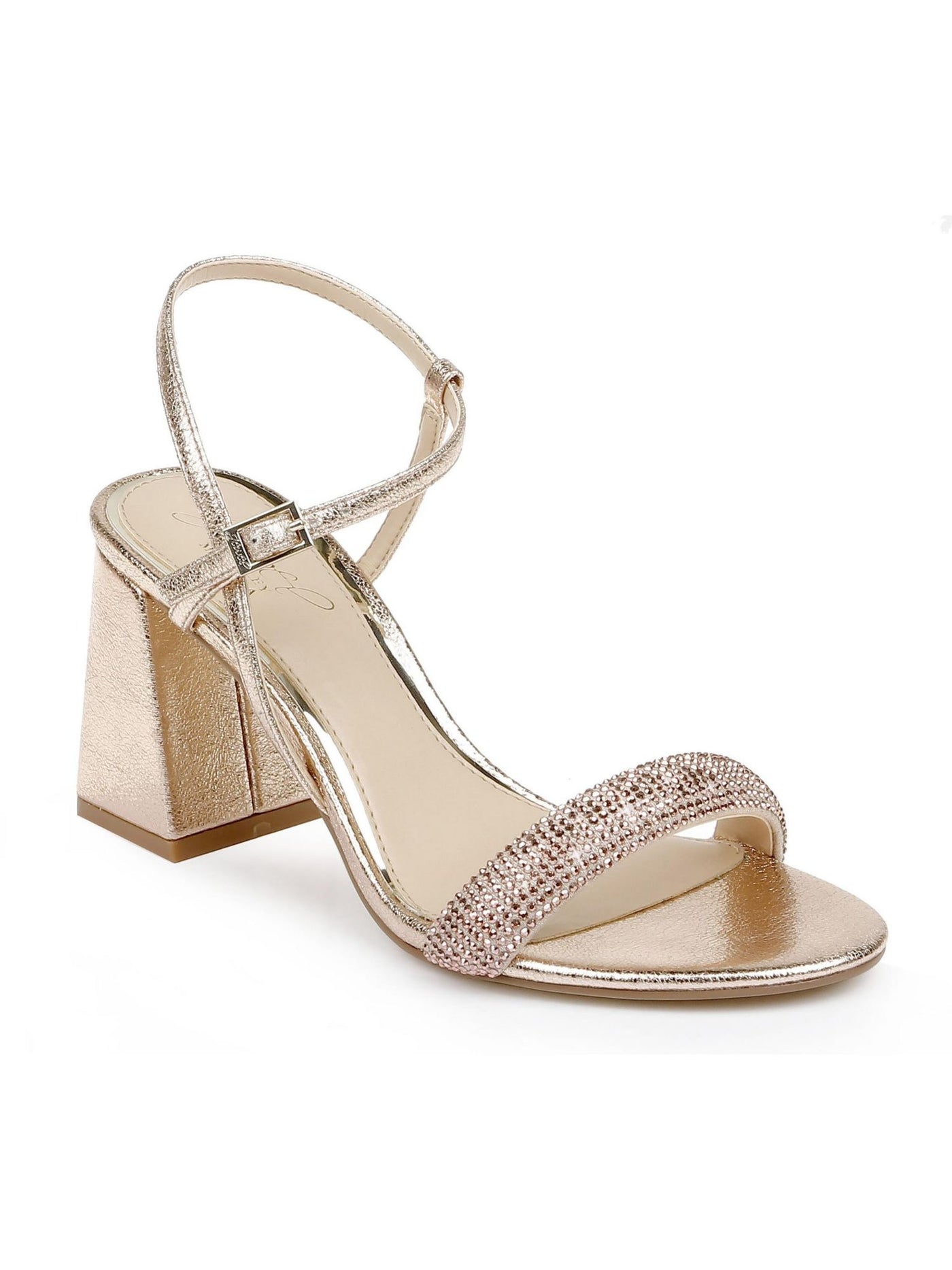 BADGLEY MISCHKA Womens Beige Ankle Strap Rhinestone Earlene Round Toe Flare Buckle Dress Sandals Shoes 10