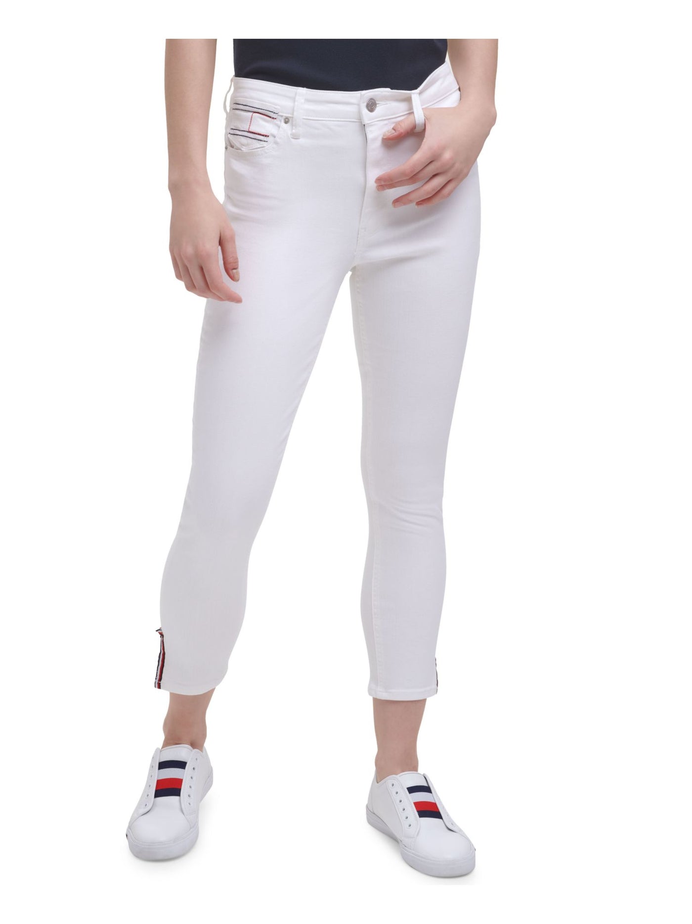 TOMMY HILFIGER Womens White Pocketed Zippered Belt Loops, Stripe Trim Ankle Skinny Jeans 2