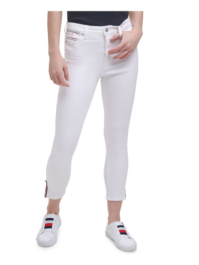 TOMMY HILFIGER Womens White Pocketed Zippered Belt Loops, Stripe Trim Ankle Skinny Jeans 2