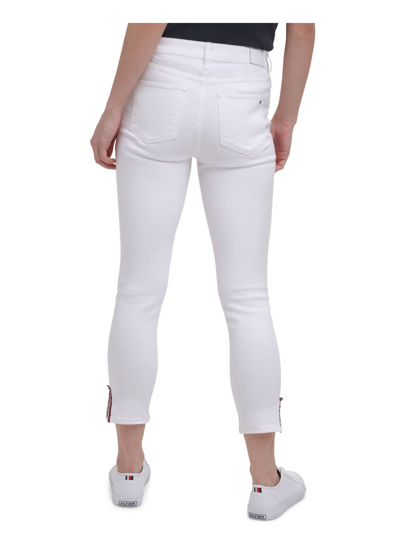TOMMY HILFIGER Womens White Pocketed Zippered Belt Loops, Stripe Trim Ankle Skinny Jeans 2