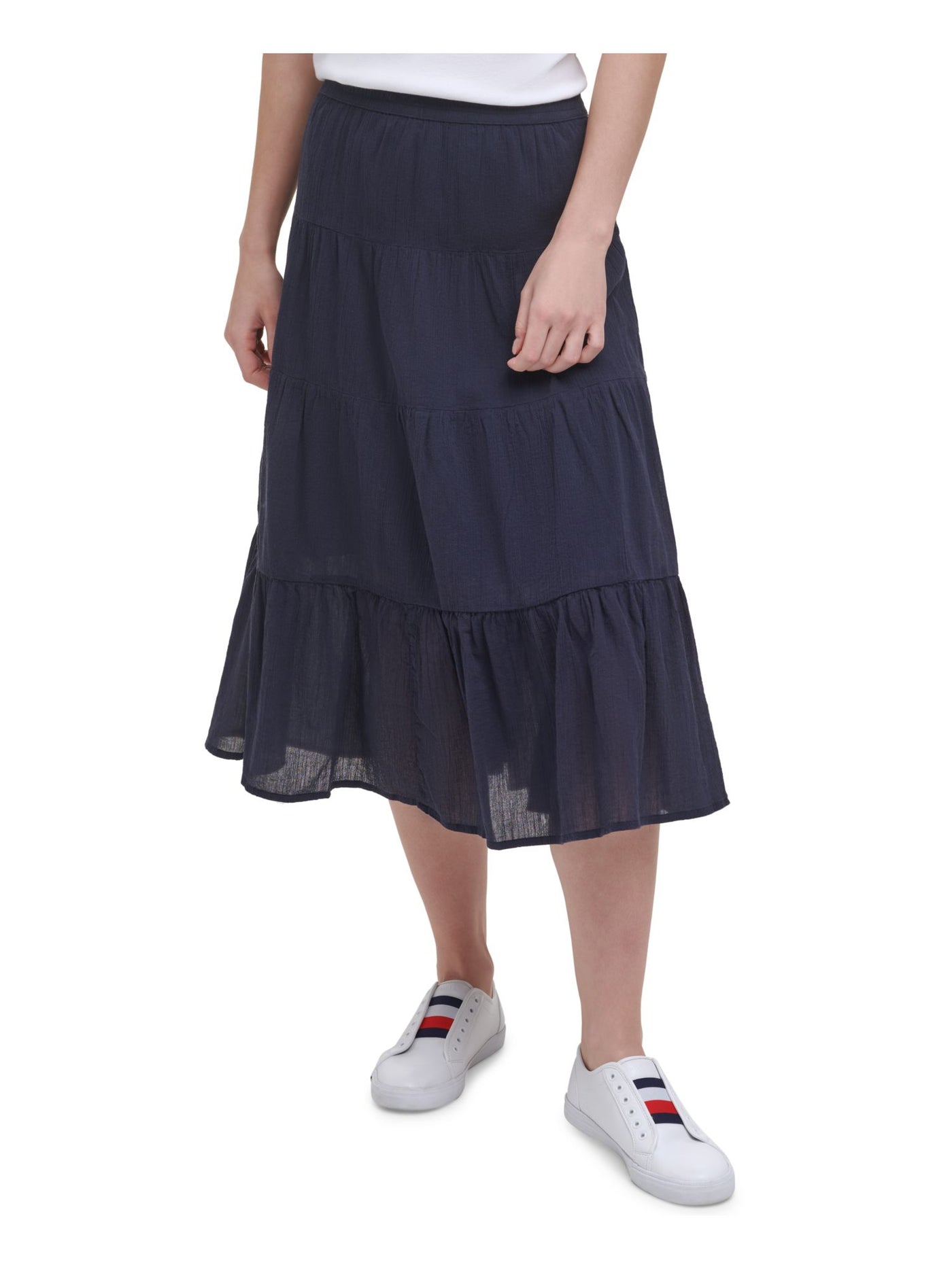 TOMMY HILFIGER Womens Navy Pleated Pull-on Style Tiered Midi Skirt XS