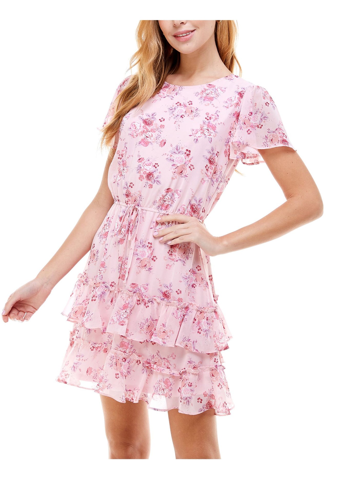 CITY STUDIO Womens Pink Ruffled Lined Keyhole Back Tie Detail At Waist Floral Flutter Sleeve Crew Neck Short Fit + Flare Dress M