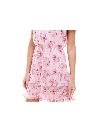 CITY STUDIO Womens Pink Ruffled Lined Keyhole Back Tie Detail At Waist Floral Flutter Sleeve Crew Neck Short Fit + Flare Dress M