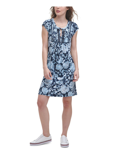 TOMMY HILFIGER Womens Navy Stretch Cut Out Printed Round Neck Above The Knee Fit + Flare Dress S