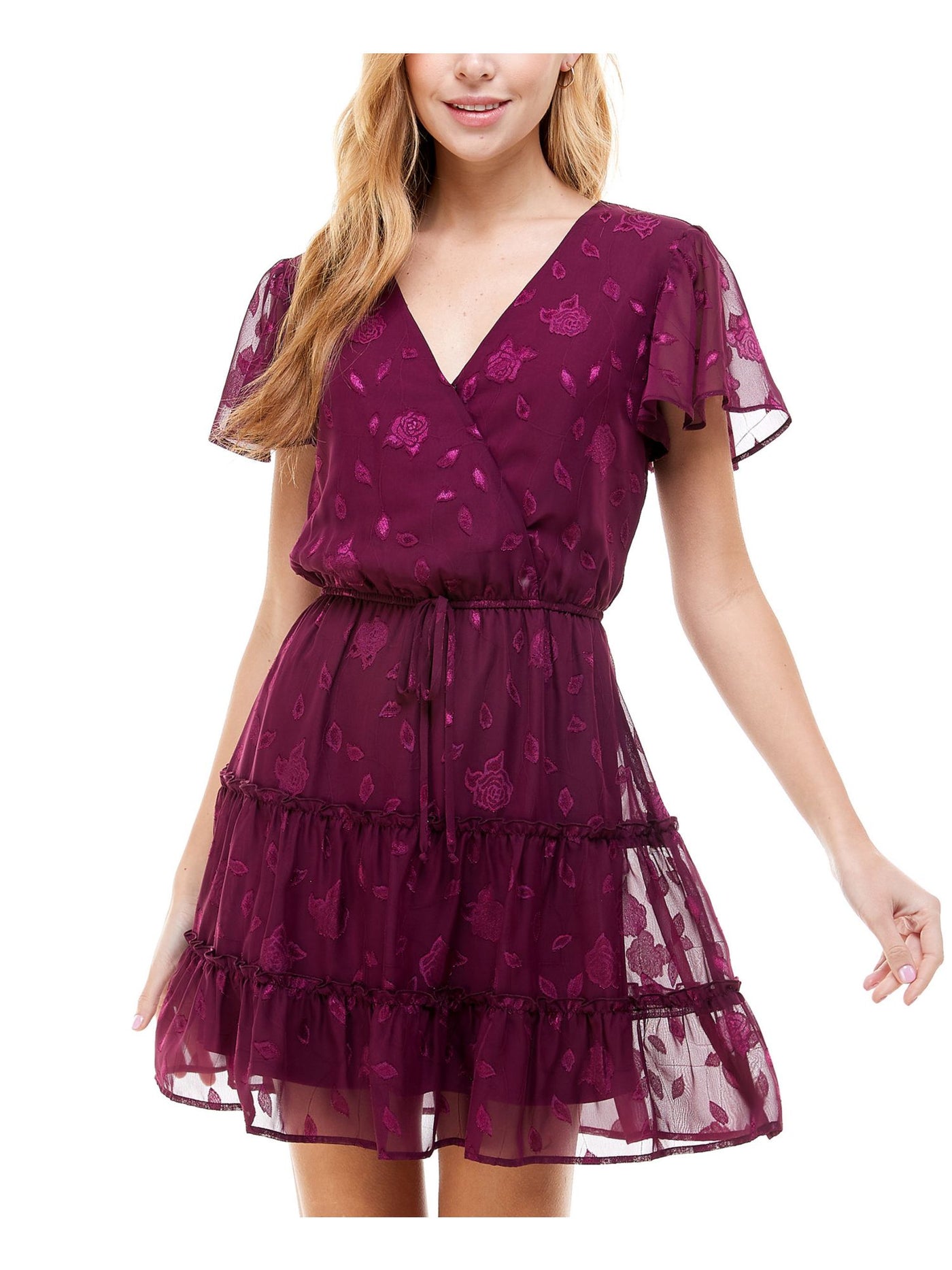 CITY STUDIO Womens Burgundy Sheer Tie Tiered Floral Short Sleeve Surplice Neckline Short Party Fit + Flare Dress S