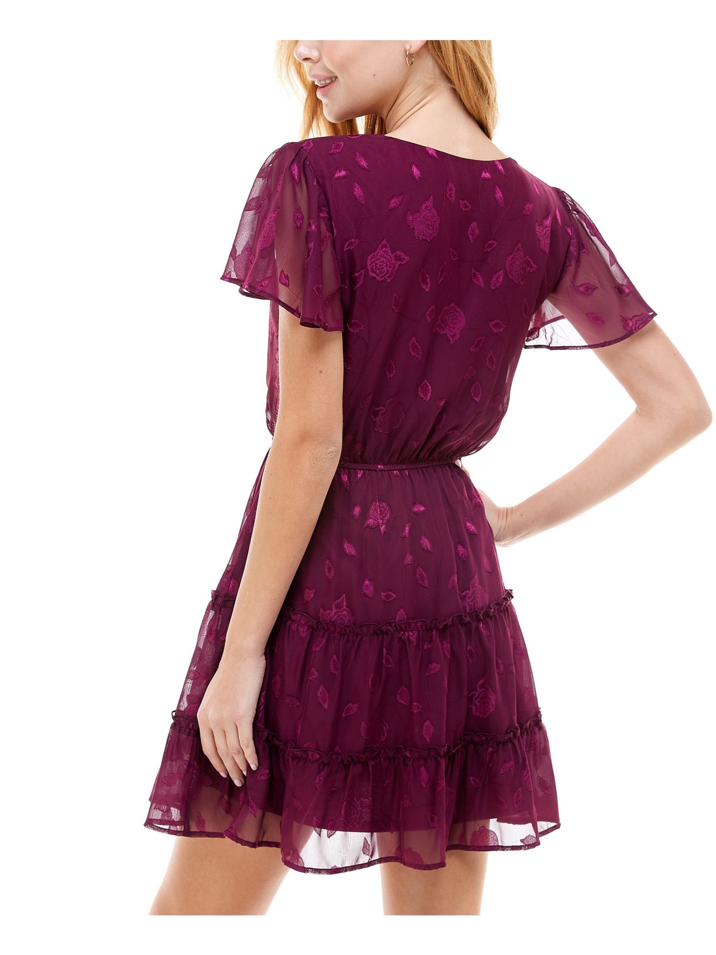 CITY STUDIO Womens Burgundy Sheer Tie Tiered Floral Short Sleeve Surplice Neckline Short Party Fit + Flare Dress XS