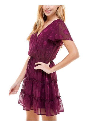 CITY STUDIO Womens Burgundy Sheer Tie Tiered Floral Short Sleeve Surplice Neckline Short Party Fit + Flare Dress L