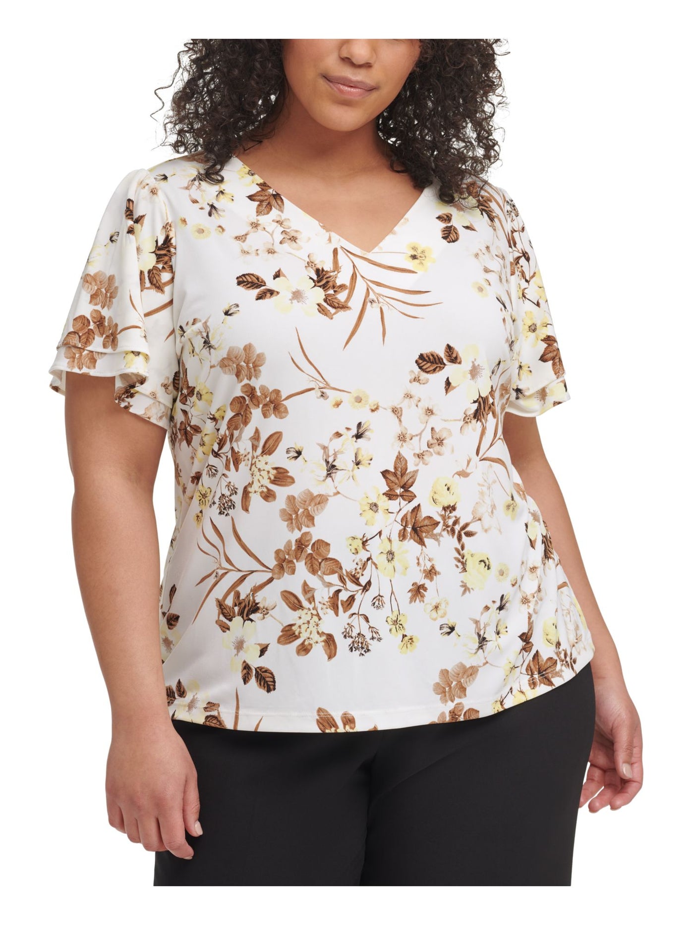 CALVIN KLEIN Womens Ivory Unlined Layered Flutter Sleeves Floral V Neck Wear To Work Top Plus 3X