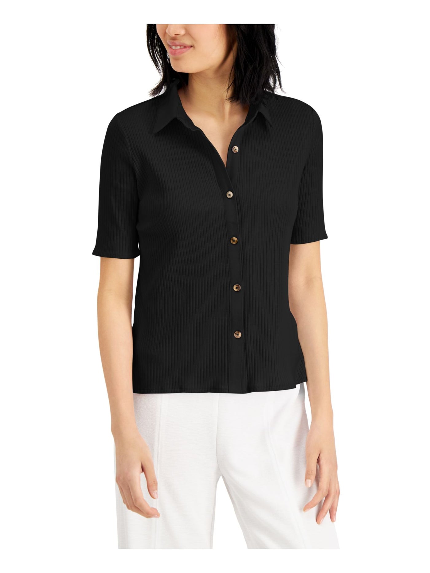 ALFANI Womens Black Short Sleeve Collared Wear To Work Button Up Top M
