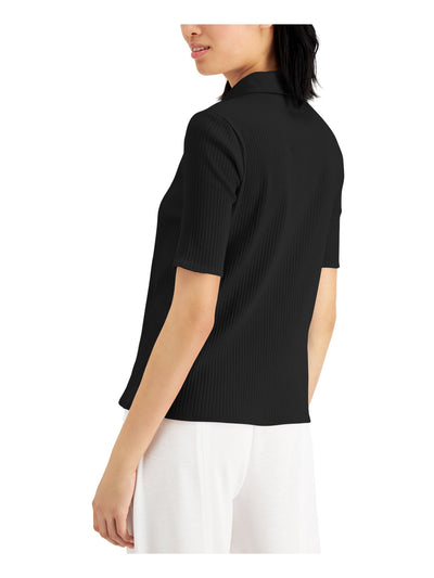 ALFANI Womens Black Short Sleeve Collared Wear To Work Button Up Top M