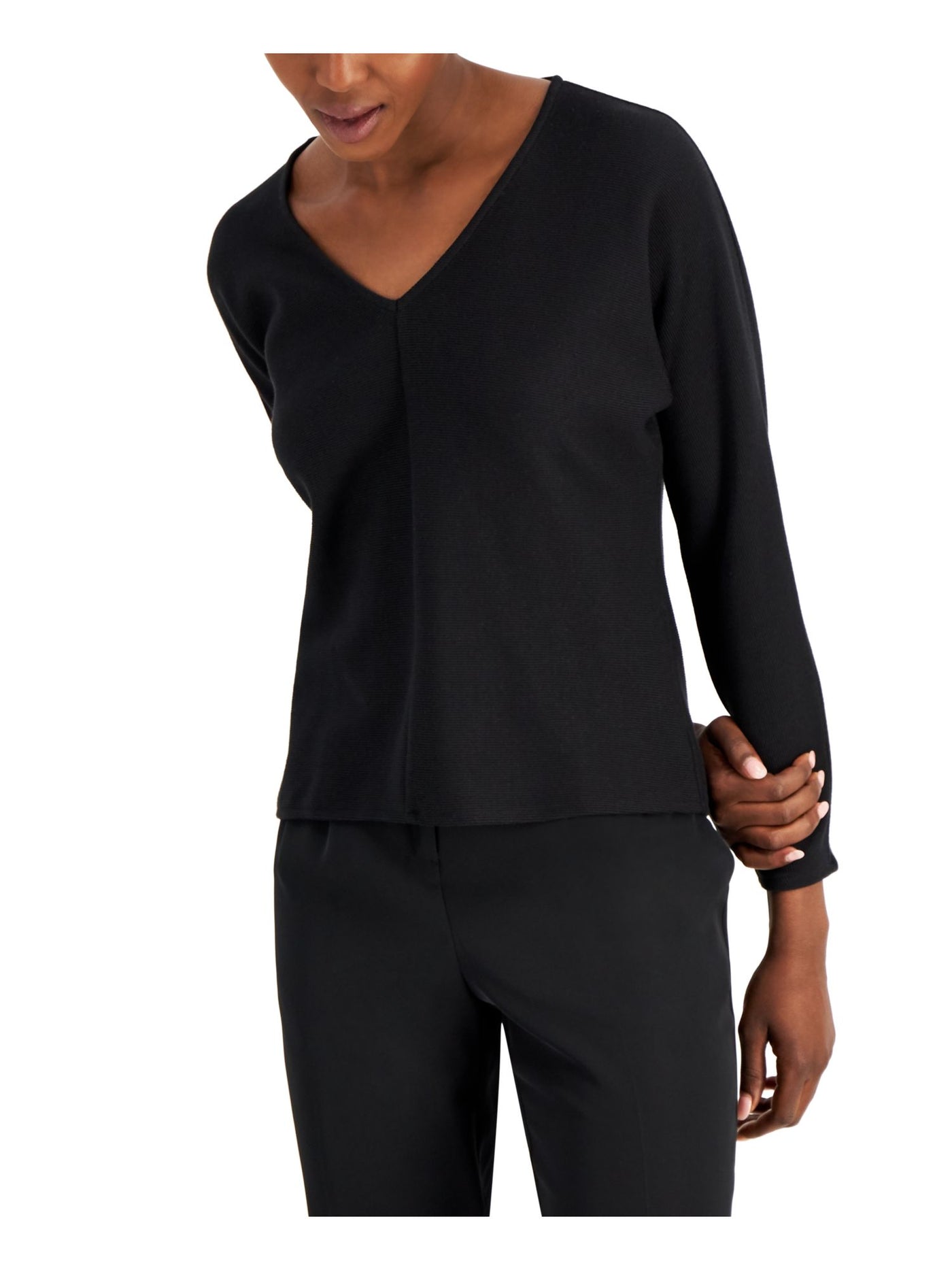 ALFANI Womens Black Ribbed Long Sleeve V Neck Top Size: XXL