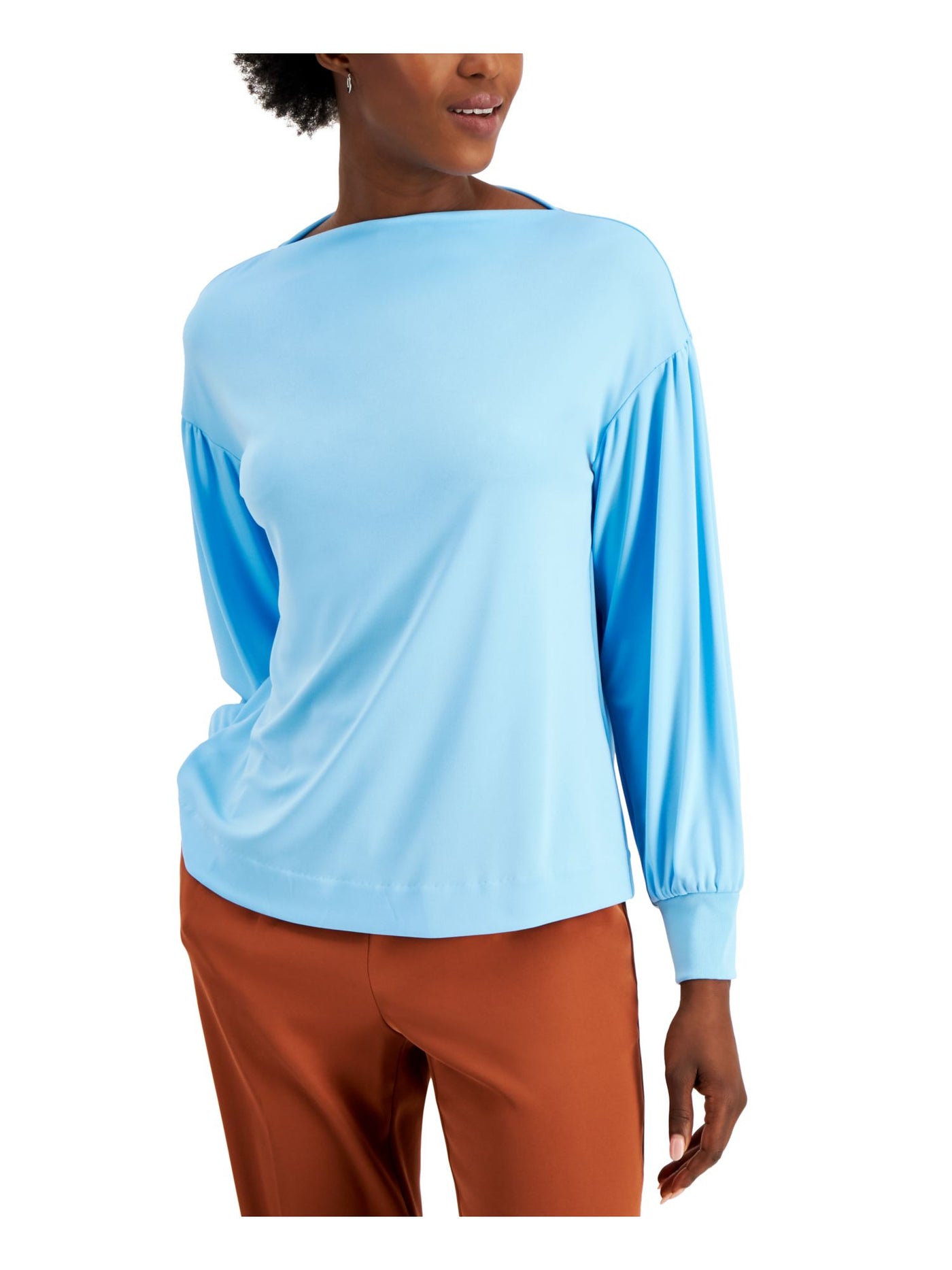 ALFANI Womens Light Blue Pouf Boat Neck Top M