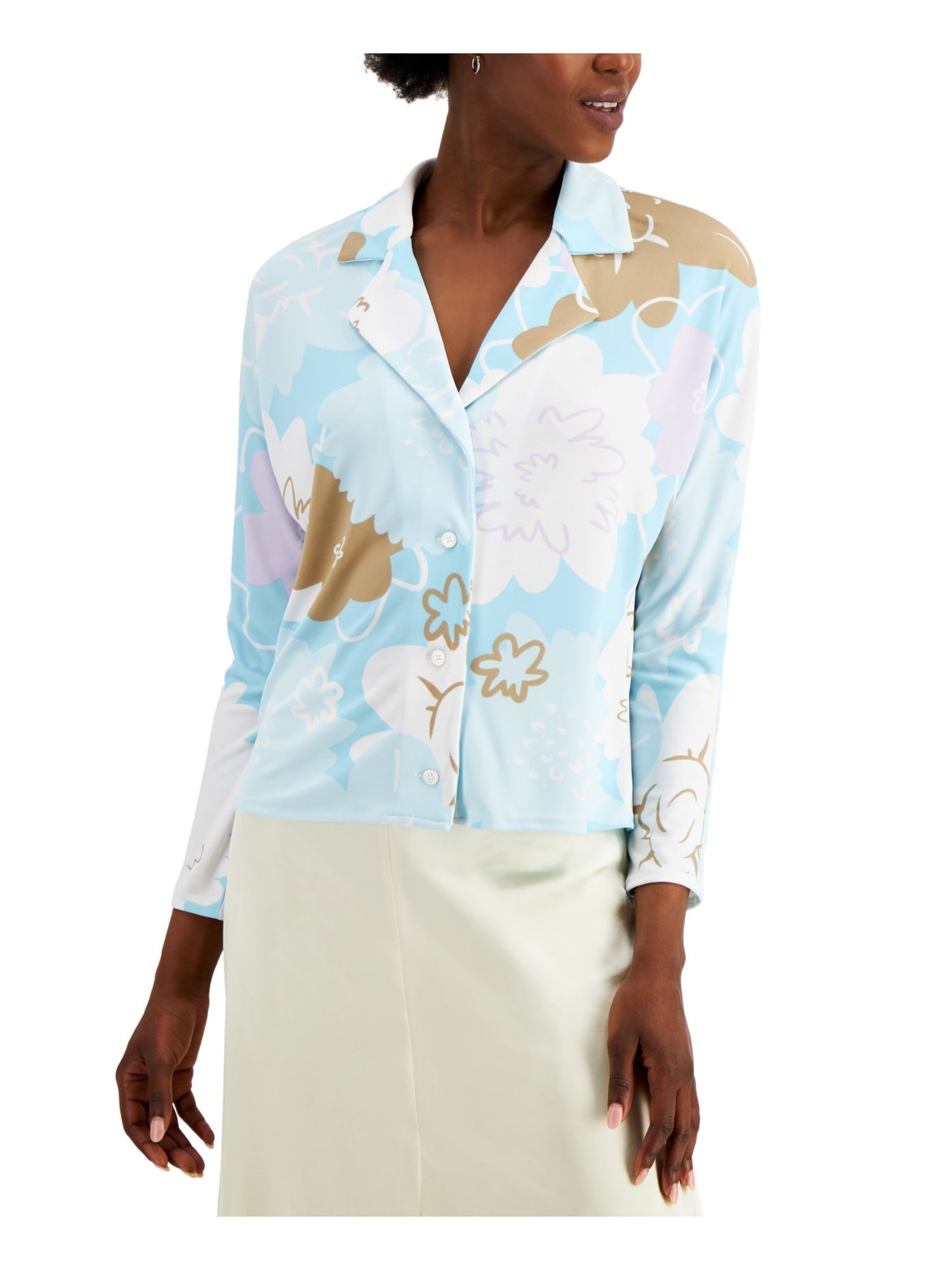 ALFANI Womens Blue Floral 3/4 Sleeve V Neck Blouse Size: XXL