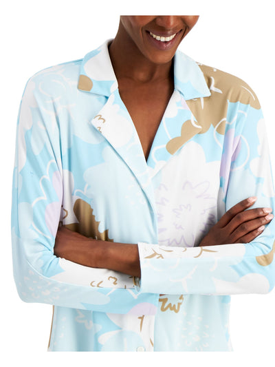 ALFANI Womens Light Blue Floral 3/4 Sleeve V Neck Blouse Size: L