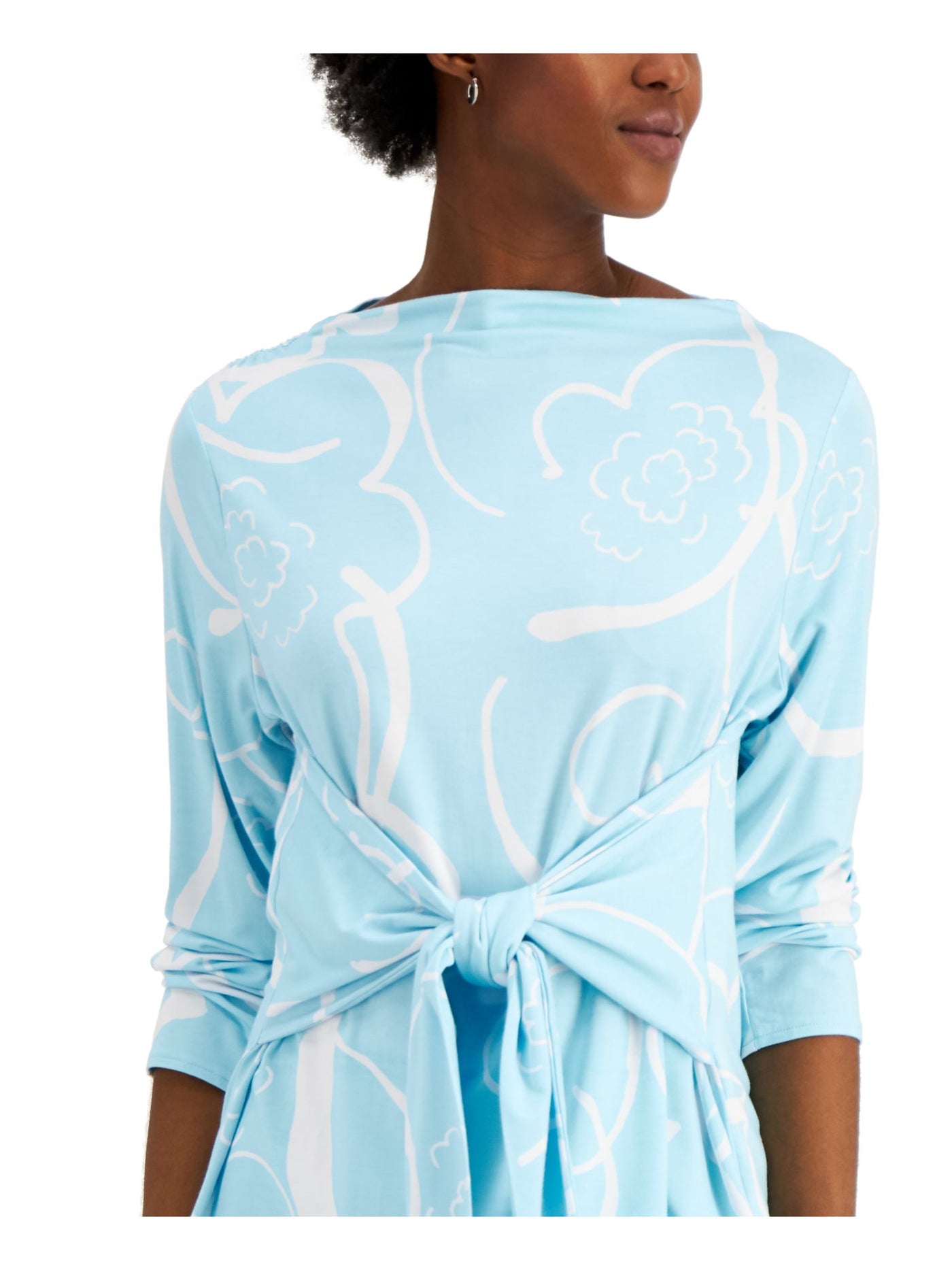 ALFANI Womens Light Blue Tie Front Long Sleeve Boat Neck Top L