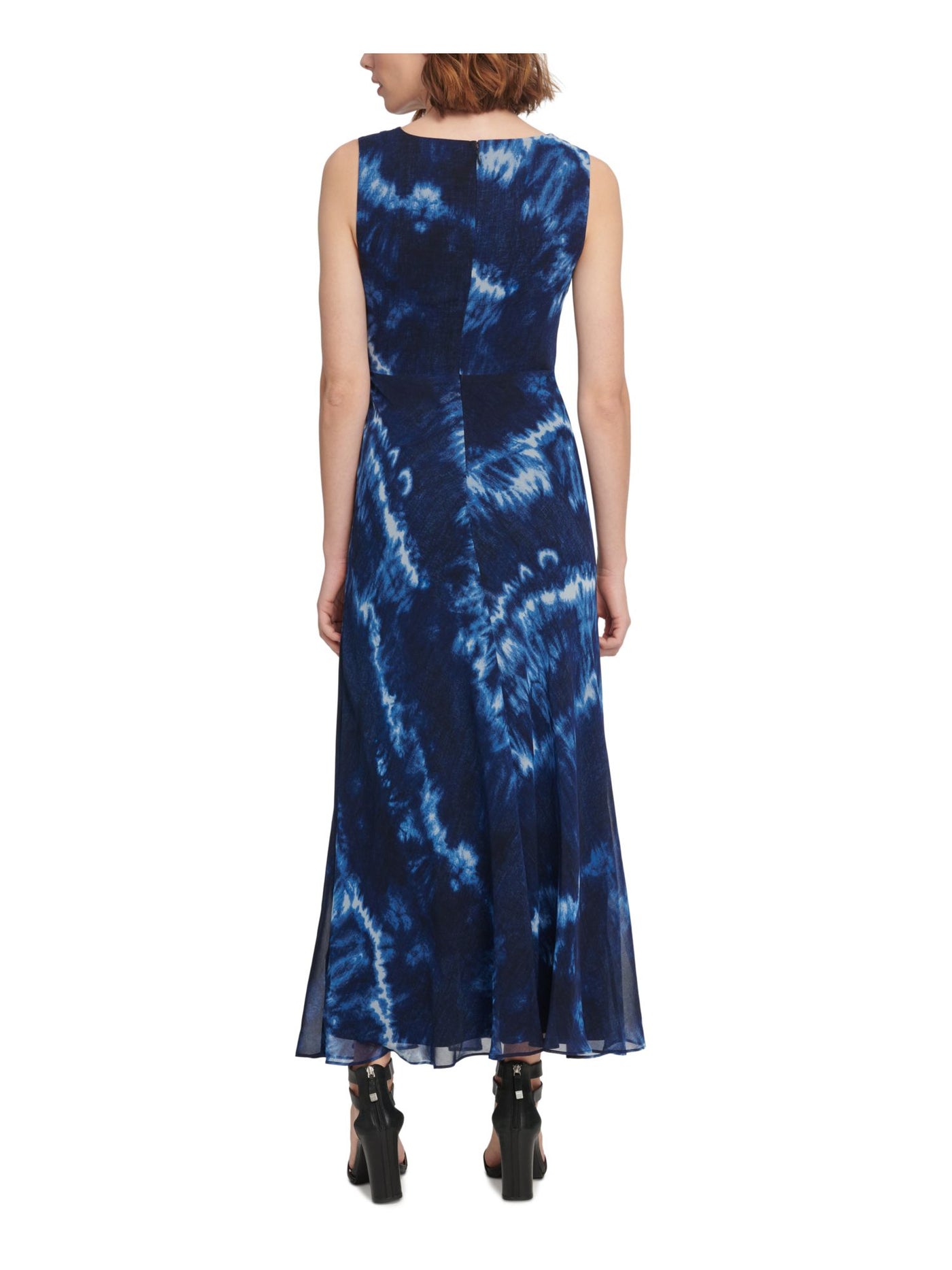 DKNY Womens Blue Zippered Sheer Tie Waist Lined Printed Sleeveless Surplice Neckline Maxi Formal Dress 8
