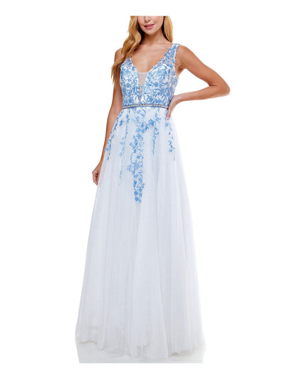 SAY YES TO THE PROM Womens White Embellished Mesh Gown Sleeveless V Neck Full-Length Formal Fit + Flare Dress Juniors 11